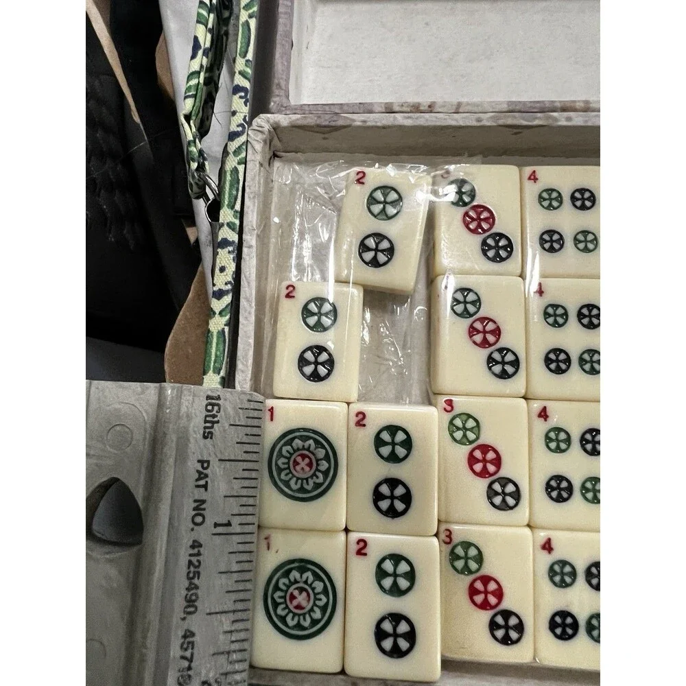 Vintage Mah Jong 142 Tiles in silk box suitcase mostly sealed incomplete